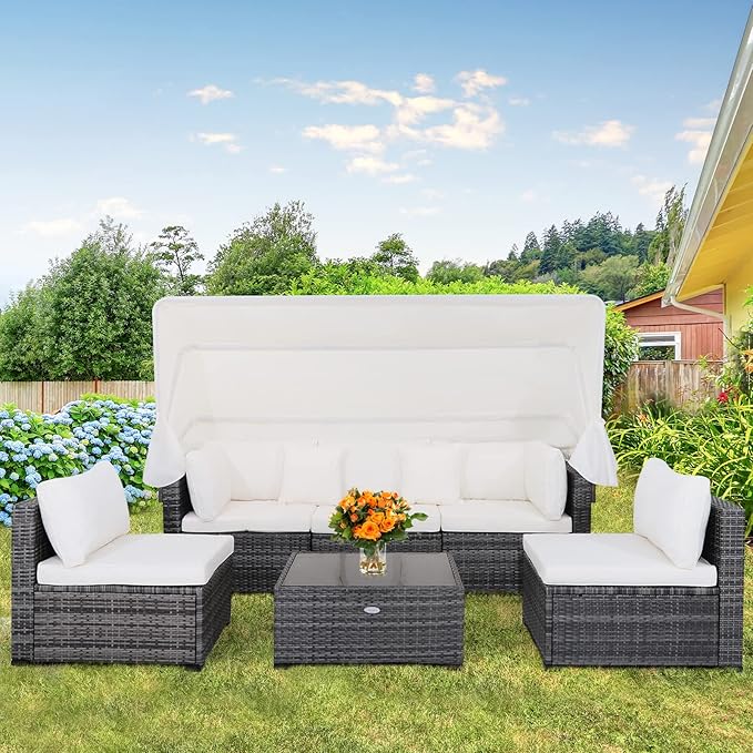 Tangkula 6-Piece Patio Furniture Set w/Retractable Canopy, Outdoor Conversation Set w/3-Seat Daybed Sofa, Soft Cushions and Tempered Glass Coffee Table, All-Weather PE Rattan Sectional Sofa Set