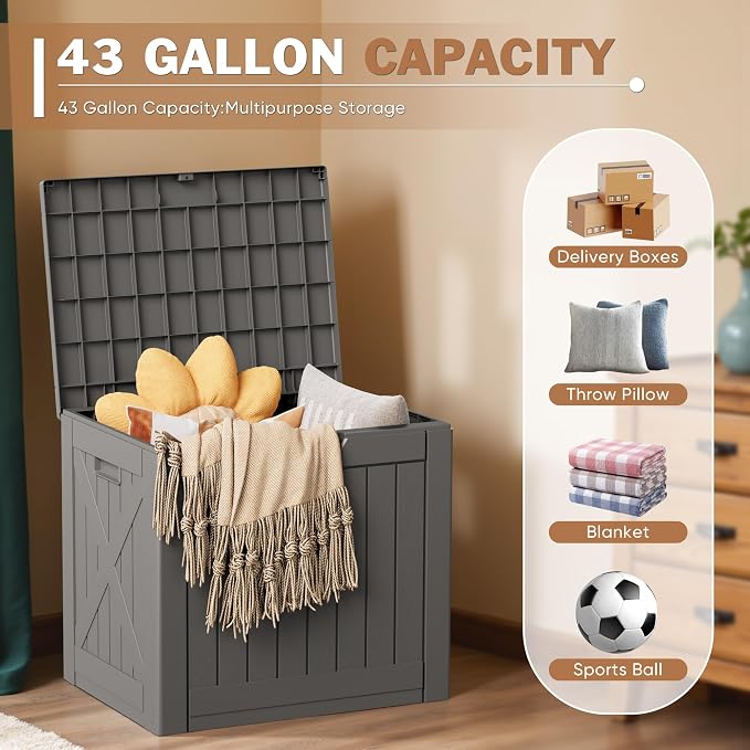 Patiowell 43 Gallon Resin Deck Box, Outdoor Storage Box for Patio Furniture, Deliveries, Pool Supplies,Waterproof and Lockable (Grey)