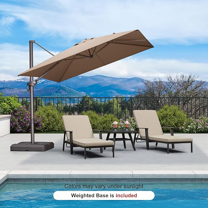 PURPLE LEAF 9' X 9' Patio Umbrella With Base Antique Bronze Square Cantilever Umbrella Outdoor with 360° Rotation and Aluminum Offset Hanging for Pool Deck Garden Backyard, Taupe