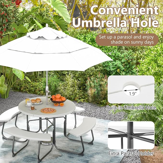 HAPPYGRILL 8-Person Picnic Table Bench Set with Umbrella Hole, 43” Outdoor Dining Table w/4 Benches, Wood-Like Texture Tabletop, Stable U-Shaped Base, Round Table for Backyards, White