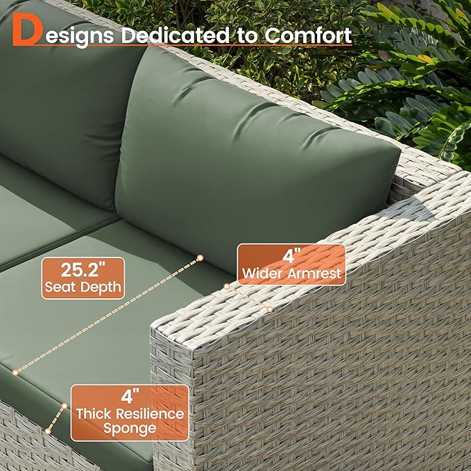 8 Piece Patio Furniture Set with 44" Fire Pit Table, Outdoor Sectional Wicker Rattan Sofa Set with Coffee Table (Green/Grey)