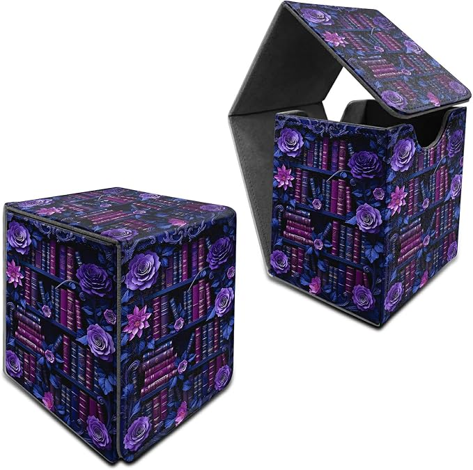 Purple Flower Books Card Deck Box for MTG, Personalized Card Storage Case Fits 120+ Sleeved Cards, Premium Leather TCG Box with Strong Magnetic Closure for Magic, CCG, PTCG, Baseball Cards
