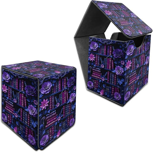 Purple Flower Books Card Deck Box for MTG, Personalized Card Storage Case Fits 120+ Sleeved Cards, Premium Leather TCG Box with Strong Magnetic Closure for Magic, CCG, PTCG, Baseball Cards