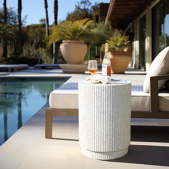 LuxenHome Cream Cement Round Outdoor Side Table, Set of 2
