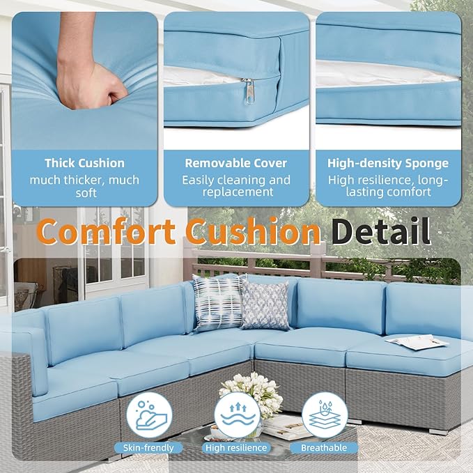 Oakcloud 8-Piece Outdoor Patio Furniture Sofa Set with 45” Propane Gas Fire Pit Table, Grey Rattan Wicker Sectional Conversation Sets with Glass Top Tables and Cushions(Haze Blue, w/Fire Pit Table)