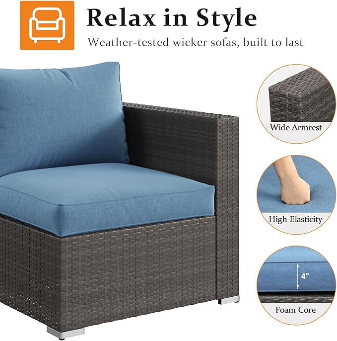 Wisteria Lane 7 Piece Patio Furniture Sets,All Weather Outdoor Sectional Patio Sofa Manual Weaving Wicker Patio Seating Rattan Sofas with Glass Table,Blue