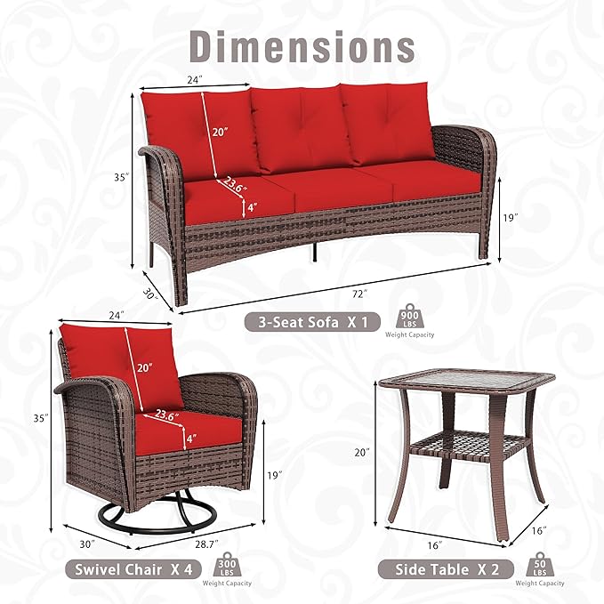 7 Piece Patio Conversation Set – 2 Swivel Rocking Chairs, 2 Coffee Tables & 3-Seater Sofa | PE Wicker Patio Sectional | Heavy-Duty Steel Frame & Weatherproof Cushions, Red