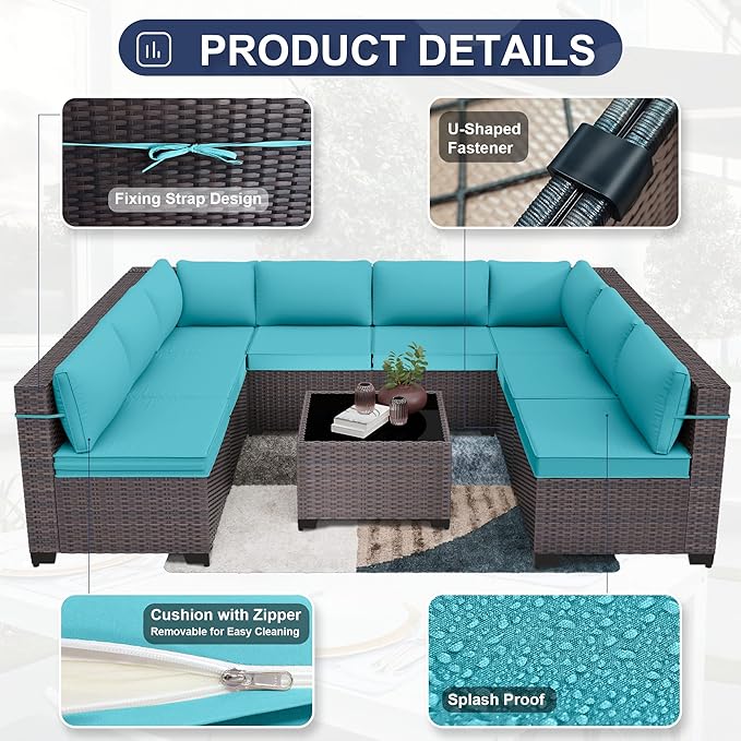 Patio Furniture Set 9pcs Outdoor Furniture for Backyard Sectional Sofa Set, Wicker Rattan Outdoor Conversation Set with 4 Inch Thickened Cushions and Coffee Table, Blue