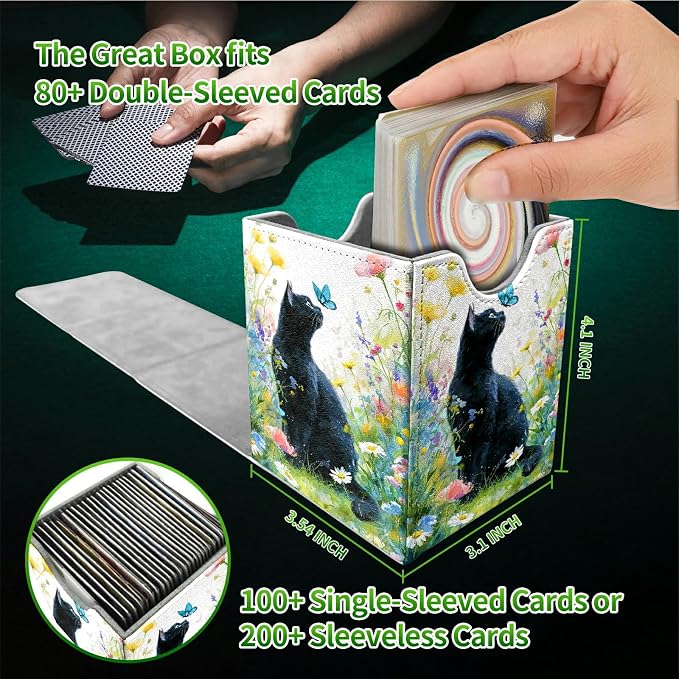 Lawn Black Cat Card Deck Box for MTG, Personalized Card Storage Case Fits 120+ Sleeved Cards, Premium Leather TCG Box with Strong Magnetic Closure for Magic, CCG, PTCG, Baseball Cards