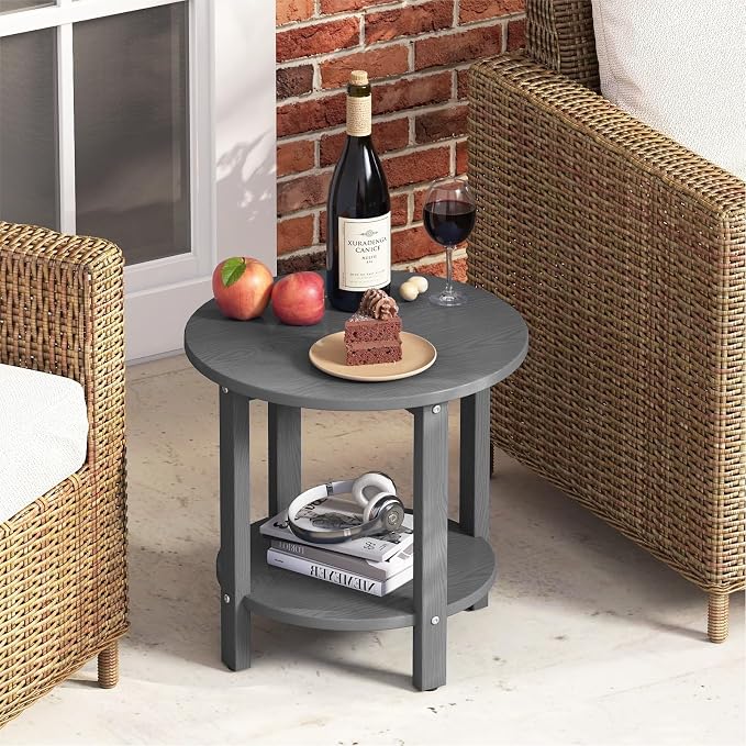 HDPE Round Outdoor Side Table, 18.1-Inch Weatherproof Small Outdoor Table for Adirondack, 2-Tier Patio End Table for Garden Backyard Porch Deck Balcony Poolside (Grey)