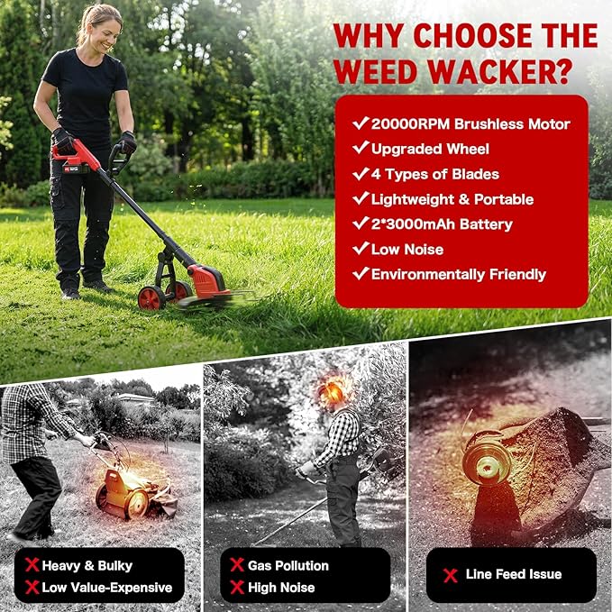 20000 RPM Electric Weed Wacker with Wheel,12″ Brushless Cordless Weed Eater Battery Powered, 4-in-1 Brush Cutter/String Trimmer/Grass Edger Tool/Lawn Mower, Stringless Weed Trimmer,5 Blade,2 Battery
