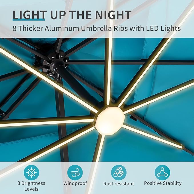 10 X 13 FT Cantilever Patio Umbrella with Led Lights Outdoor Rectangle Offset Large Double Top Heavy Duty Umbrellas with 360°Rotation for Pool Deck Backyard Garden, Turquoise