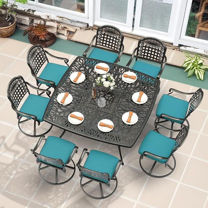 MEETWARM 9-Piece Outdoor Patio Dining Set, All Weather Cast Aluminum Patio Funiture Table and Chairs Set- Large 64" Square Table, 8 Cushioned Swivel Rocker Chairs for Garden, Umbrella Hole, Ocean Blue