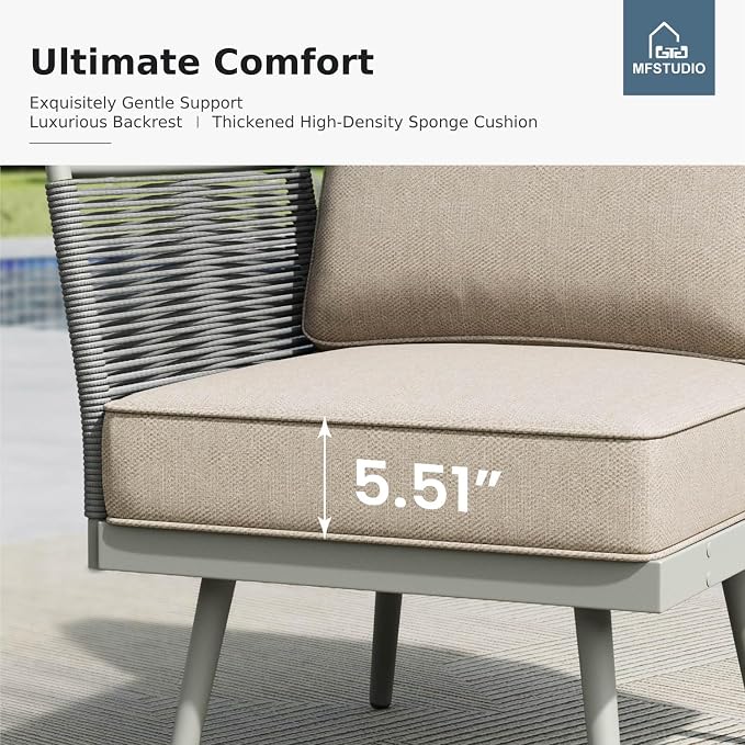 MFSTUDIO 6 Pieces Metal Patio Furniture Sets with Detachable Rope Rattan Armrest, 5 Seats Steel Outdoor Conversation Set All Weather Patio Sectional Couch with Coffee Table for Garden, Beige Cushion