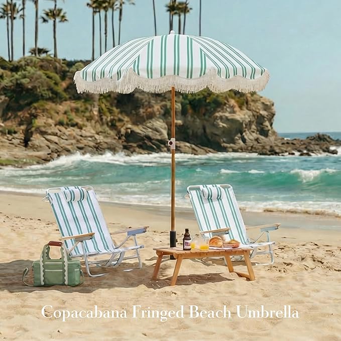 6FT Stripe Fringe Beach Umbrella for Sand with Sand Anchor, UPF 50+ Sun Shade with Tassels, Adjustable Tilt Pole, Portable Coastal Umbrella for Beach & Pool, Heritage Ocean Cypress Stripe