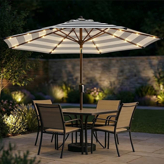 10FT Solar Patio Umbrella with Lights, Outdoor Table Market Umbrella with 32 LED Lights, 8 Sturdy Ribs, Push Button Tilt and Crank for Pool, Deck and Garden, UV-Resistant
