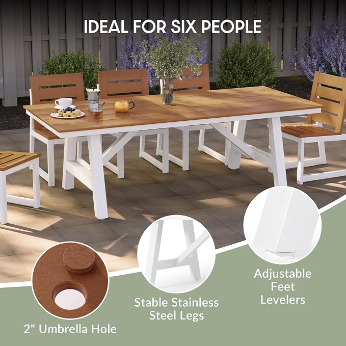 WestinTrends Cape May 90" HDPE Rectangle Outdoor Patio Dining Table with Umbrella Hole and Metal Frame, Teak