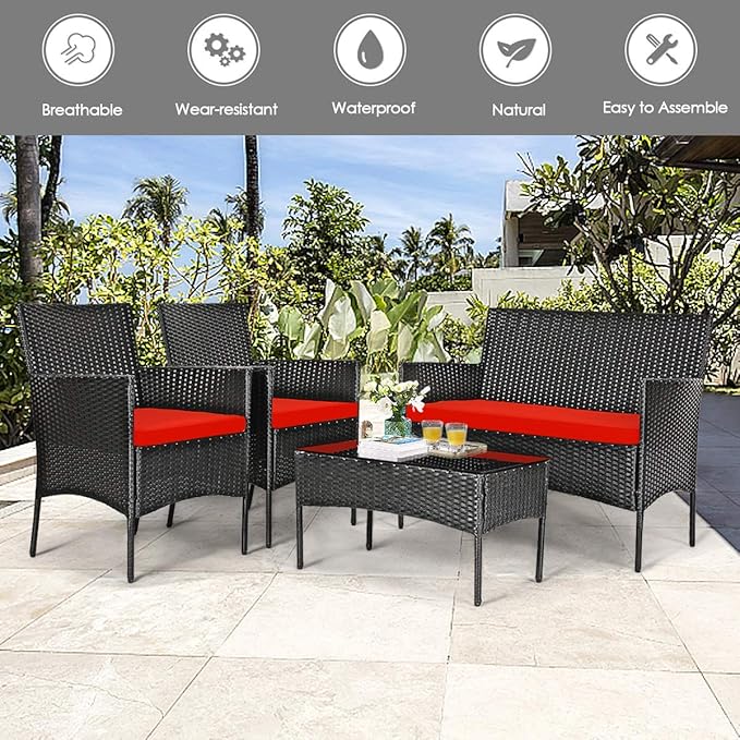 DORTALA 4 Pieces Patio Furniture Set, Rattan Conversation Set with Coffee Table & Cushions, Outdoor Wicker Sofa Set for Poolside, Backyard, Red
