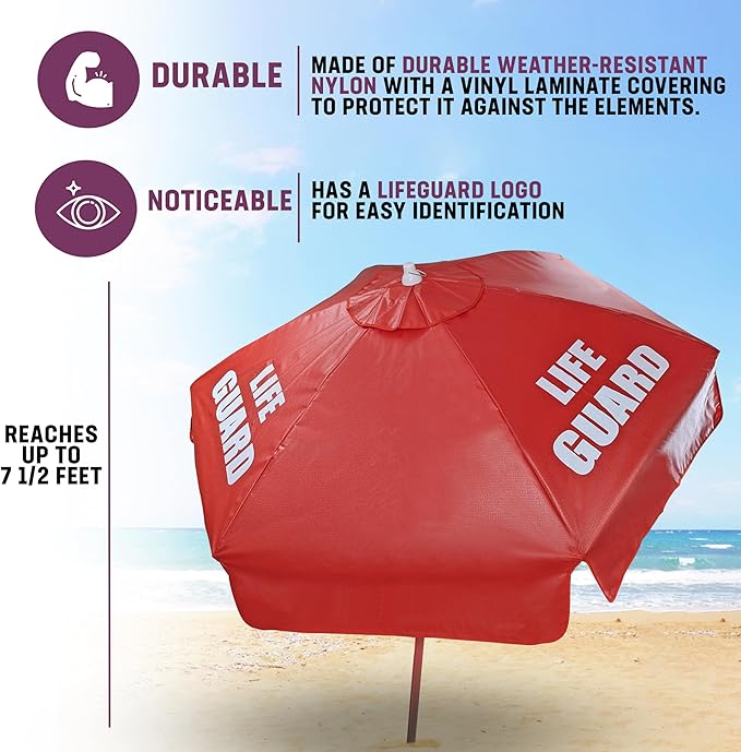 Kemp USA Heavy Duty Vinyl Lifeguard Umbrella - Great for Patio, Beach & Pool Umbrella with 45° Tilt Mechanism - Portable for Lifeguard Chair - with LIFE GUARD Logo