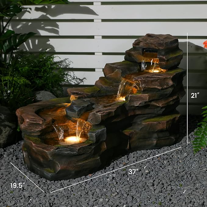 Sunlinua Water Fountain Outdoor Floor Standing 5-Tiers Rock Natural Waterfall Outdoor Garden Fountains with LED Lights for Patio, Porch, Home Art Decor