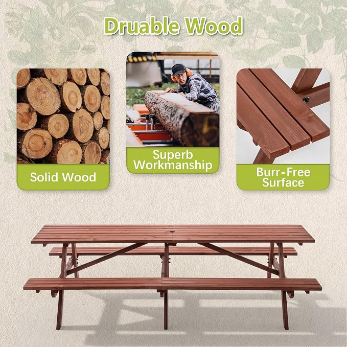 12 Person Rectangle Picnic Table, 95 inch Large Outdoor Picnic Table with 2 Bench, Umbrella Hole, Outside Wood Dining Table Set for Patio, Backyard, Garden, Porch, 2220lb Capacity, Brown