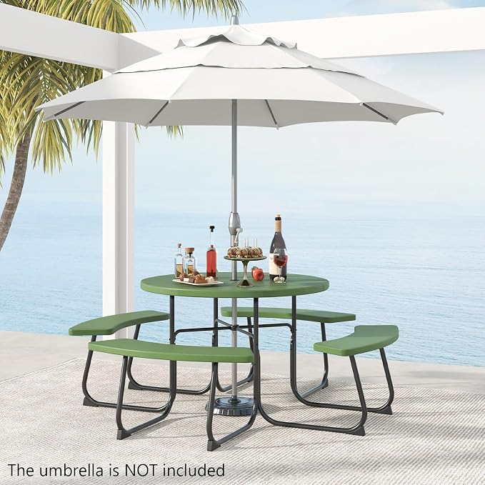 HAPPYGRILL 8-Person Picnic Table Bench Set with Umbrella Hole, 43” Outdoor Dining Table w/4 Benches, Wood-Like Texture Tabletop, Stable U-Shaped Base, Round Table for Backyards, Green