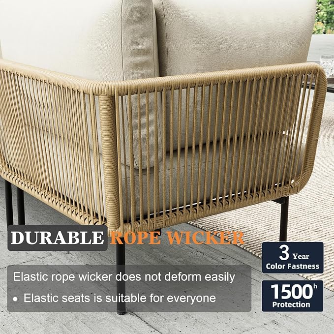 11 Piece Modern Outdoor Rope Wicker Sectional Patio L-Shaped Conversation Sofa Set Deep Seating with Thick Cushions