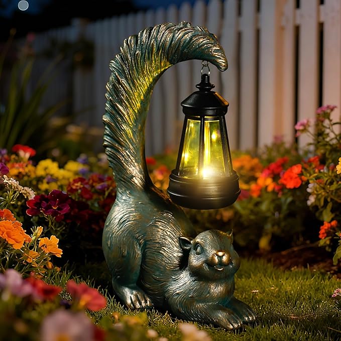 Solar Garden Statues Decor Squirrel with LED Lantern ,Outside Solar Squirrel Decor for Garden,Home,Lawn,Yard, Balcony Ornament- Unique Housewarming Gifts