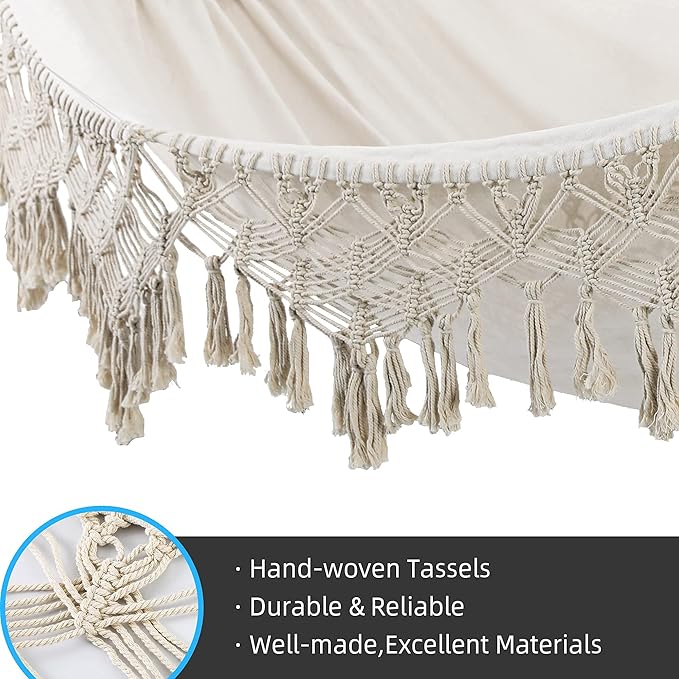 Indoor Hammock with Macrame Fringe for 2 Persons,Double Boho Hammocks with Tassels,Portable Cotton Rope Hamaca Swing with Travel Bag for Outside,Porch,Garden,Patio,Backyard,Up to 500lbs White