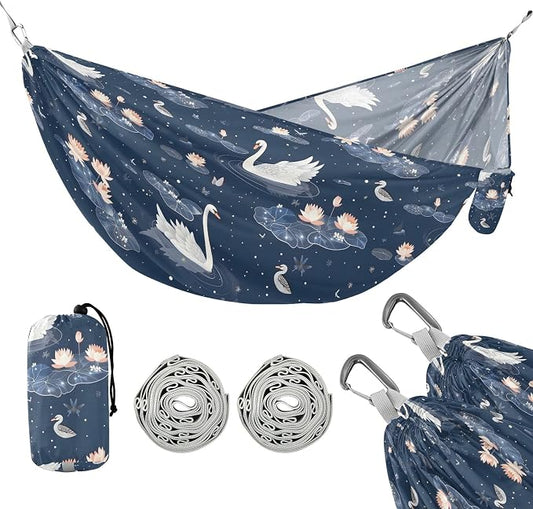 Camping Hammock Outdoor Hammocks for Outside Swan Lotus Beach Trees Portable Lightweight with Pockets Tree Straps Indoor