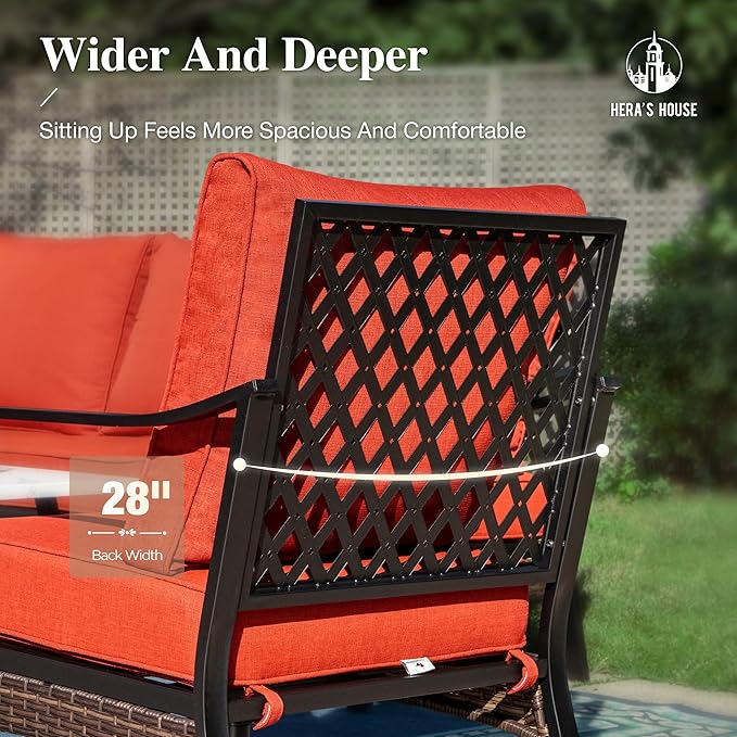 HERA'S HOUSE 6 Piece Metal Patio Furniture Set, All Weather Outdoor Conversation Set with 3-Seat Sofa, 4 Fixed Chairs & Coffee Table, 7 Seats for Backyard, Garden, Deck, Red