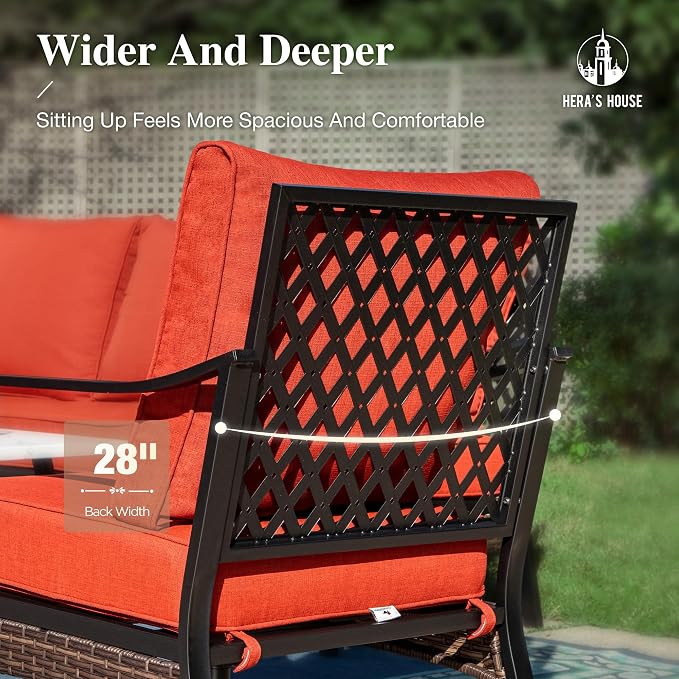 HERA'S HOUSE 4 Piece Metal Patio Furniture Set, All Weather Outdoor Conversation Set with 3 Seat Sofa, 2 Rocking Chairs & Coffee Table, Seats 5 for Backyard, Garden, Deck, Red