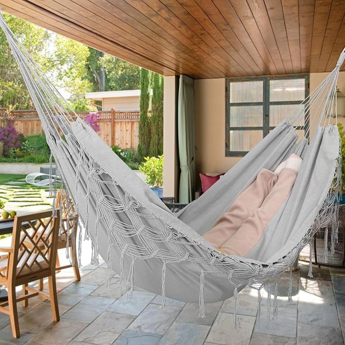 Double Boho Macrame Hammock with Elegant Tassels for Patio, Yard, Beach Wedding Decor, Outdoor and Indoor Up to 450lbs Include Tie Ropes and Drawstring Bag