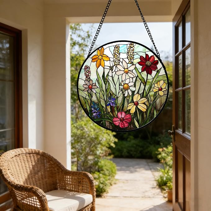 DASTOLL Stained Glass Window Hanging, Colorful Wildflowers Plant Scenery Suncatcher for Doors Window Home White Green Sun Catchers Decor Mother's Day Birthday Gifts for Women, Men Mom 9.8 in
