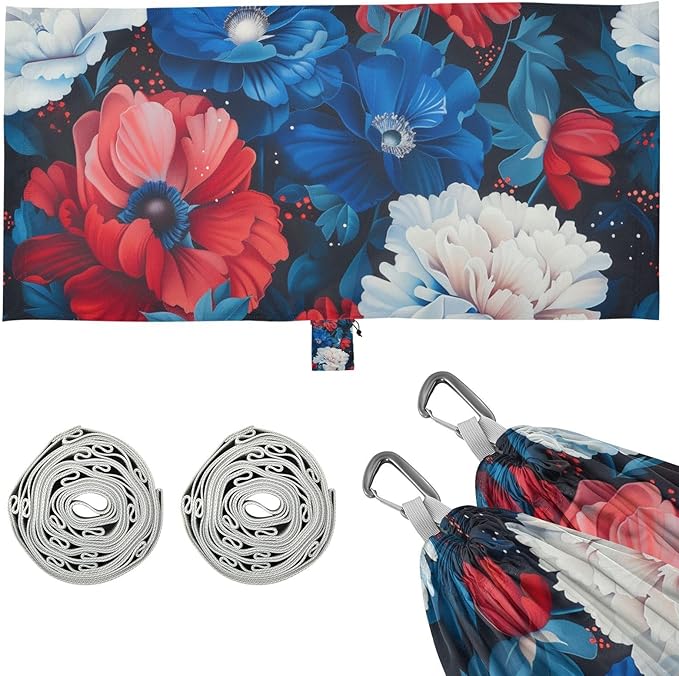 4th of July Independence Day Red and Blue Flowers 330lb Capacity Outdoor Hammock with Hanging Ropree Hammock for Camping Travel Accessories hamaca para Patio Exterior