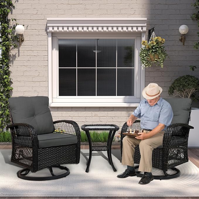 Outdoor Swivel Rocker Patio Chairs with Cushions，Outdoor Swivel Rocking Chairs Set of 2 with Rattan Side Table，360 Degree Swivel Seat Patio Furniture Set for Outside Porch Deck，3 Pieces