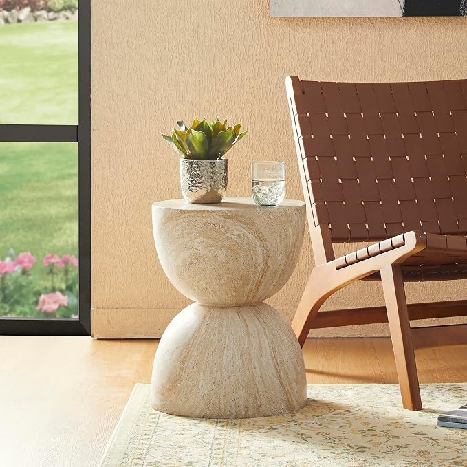 Glitzhome Outdoor Side Table Set of 2, 17.75" H Decorative Garden Stool MGO Hourglass Faux Terrazzo End Table, Round Planter Stand for Indoor Outdoor Living Room Bedroom Patio Deck Poolside
