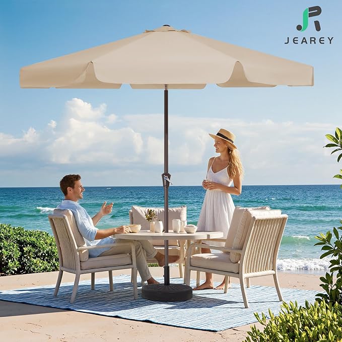 JEAREY 9 FT Patio Umbrella Outdoor, Table Umbrellas Market Umbrella w/Push Button Tilt/Crank, 8 Sturdy Ribs(Beige)