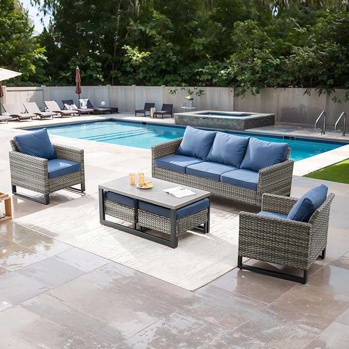 Rilyson Wicker Outdoor Couch Patio Sofa - 3 Seater Rattan Outdoor Patio Couch with Waterproof Wicker,Comfortable Cushions and Sturdy Metal Frame for Outside Porch Deck Backyard(Mixed Grey/Blue)