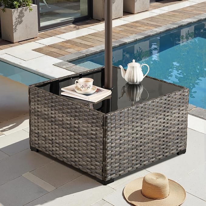 HOOOWOOO Outdoor Patio Side Table with Umbrella Hole,Wicker Coffee End Table Glass Top,Umbrella Table with 1.64" and 2" Hole for Yard,Deck,Porch,Garden(Rectangle Brown)