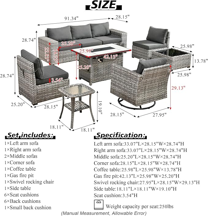 HOOOWOOO Outdoor Patio Sectional Furniture Sofa Set with Large Fire Pit Table,9 Piece Modern Wicker Couch with Swivel Chair,Modular Conversation Seating Set with Widened Armrest(Black)