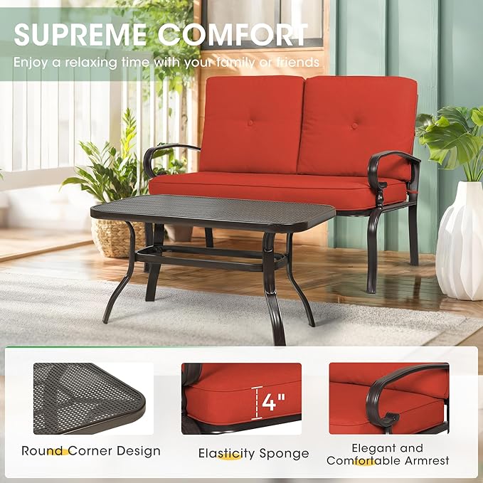 Incbruce 5 Pcs(6 Seats) Outdoor Metal Furniture Sets Wrought Iron Patio Conversation Sets, (Glider, 2 Single Chairs, Loveseat, and Coffee Table) with Cushion (Red)
