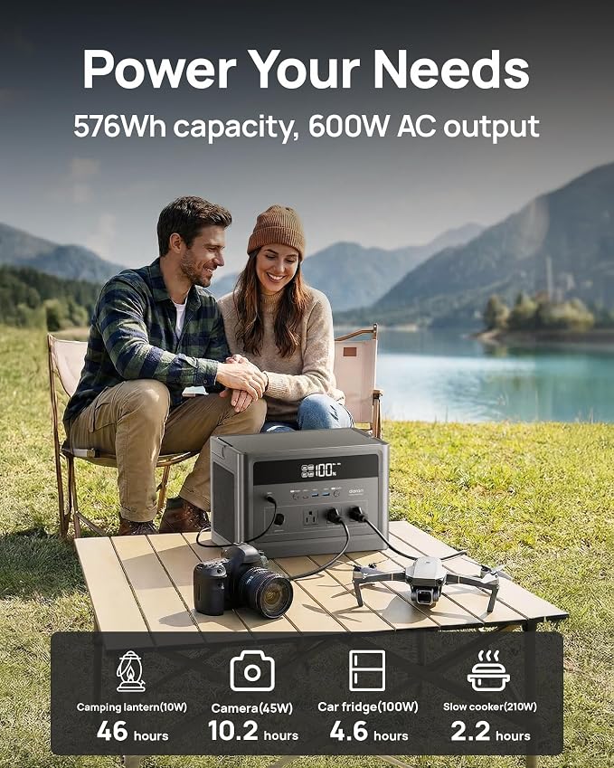 DARAN Portable Power Station 600W (1200W Peak), 576Wh LiFePO4 Solar Generator, Fast Charging Backup Battery with 3 AC Outlets, 100W USB-C PD for Camping, RV, CPAP, Home Emergency