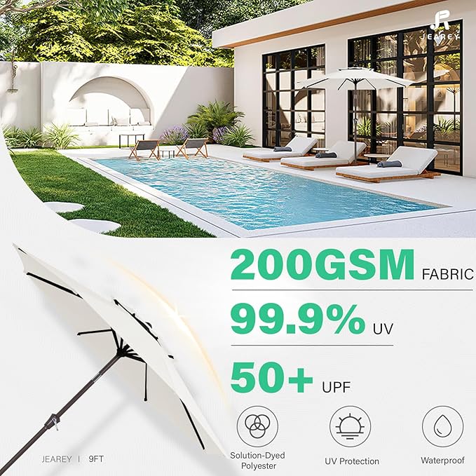 JEAREY 9' 2-Tiers Patio Umbrellas Outdoor Table Market Umbrella w/Push Button Tilt/Crank, 8 Sturdy Ribs, UV Protection Waterproof Sunproof(Cream White)