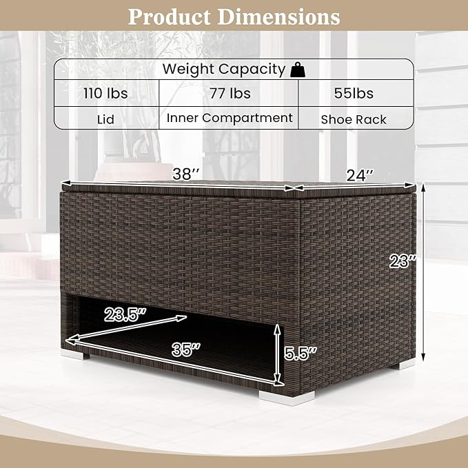 RELAXLIFE 48-Gallon Outdoor Storage Box - PE Wicker Patio Storage Bin w/Shoe Rack Shelf, Protective Liner for Cushion, Garden Tools, Pool Supplies, Backyard Pillows, Outside Furniture Rattan Deck Box