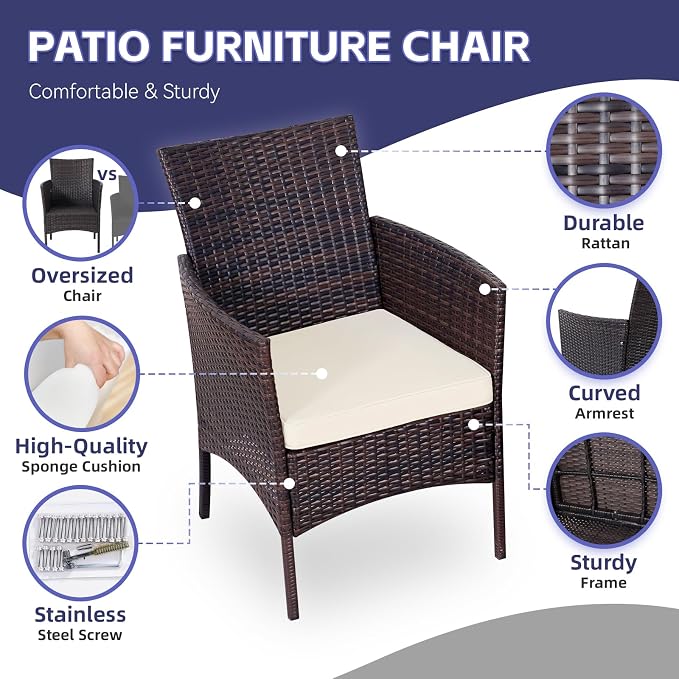 3 Pieces Patio Furniture Sets Outdoor PE Rattan Small Patio Furniture Set with Soft Cushion and Glass Coffee Table with Storage for Garden Backyard Porch Weather-Resistant (Brown/Beige-1)