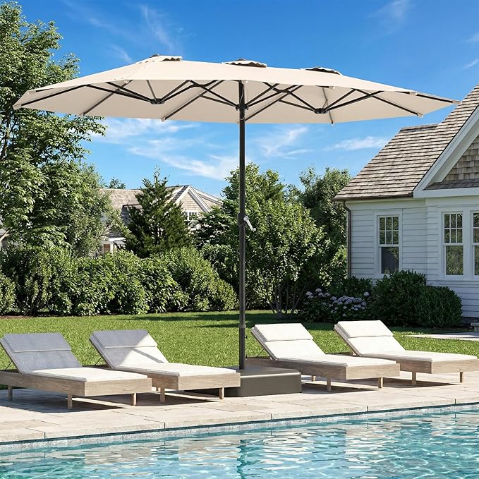 AECOJOY 15x9ft Patio Umbrella with Base Included, Outdoor Double-Sided Rectangle Umbrella with Crank Handle, Market Umbrella for Deck Pool Patio Garden(1.9" Pole, Beige)