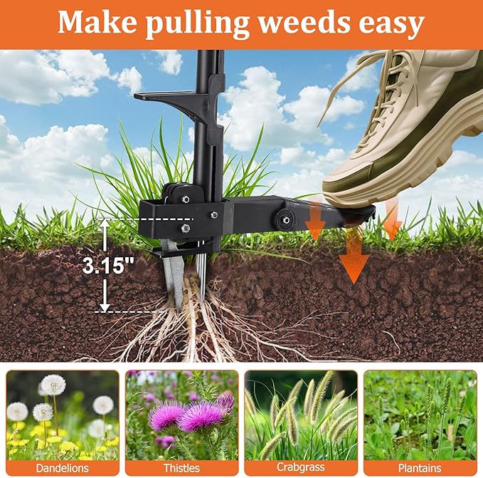 Stand Up Weed Puller Tool - 43" Long Handle Garden Weeder With Foot Pedal, Heavy Duty Steel Claw Weed Remover For Uprooting Dandelions, Thistles, Crabgrass - Garden Yard Lawn Root Grabber Removal