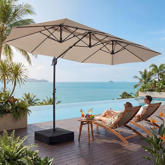 COSIEST 8 * 13FT Cantilever Patio Umbrella with Base,Large Rectangle Offset Umbrella，Heavy Duty Double-Sided Table Market Umbrella for Garden, Pool, Deck Shade, Beige