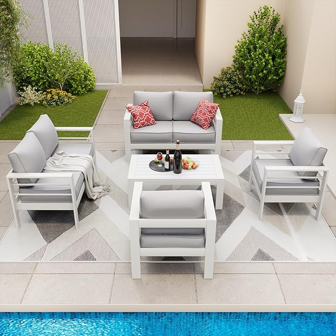 Amopatio Aluminum Patio Furniture Set, 7 Pieces Modern Patio Conversation Sets, Outdoor Sectional Metal Sofa with Coffee Table for Balcony, Garden, Dark Grey (Included Waterproof Covers)